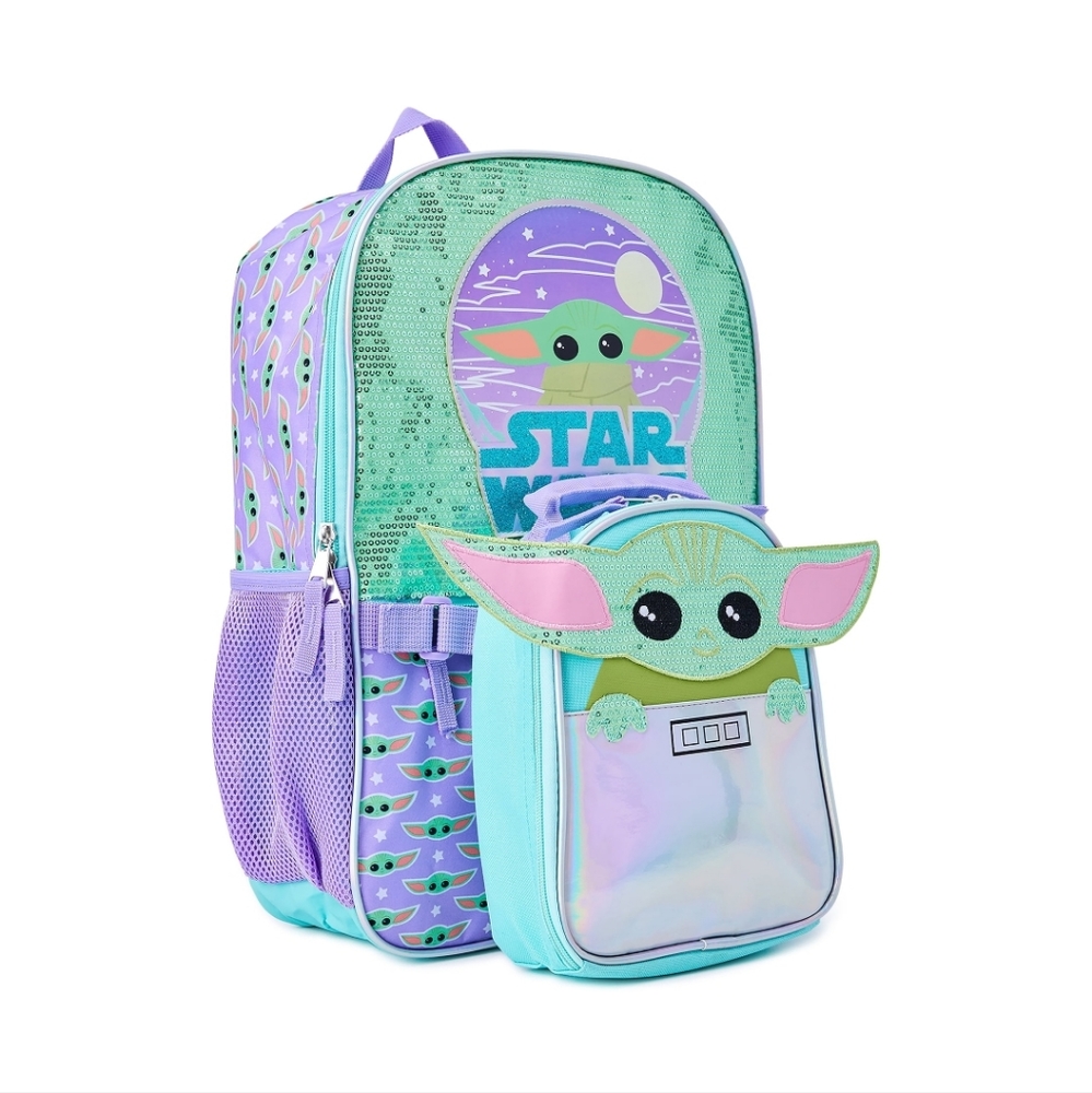StarWars Mandalorian Baby Yoda Girls 17" Backpack with Lunch Bag Tote